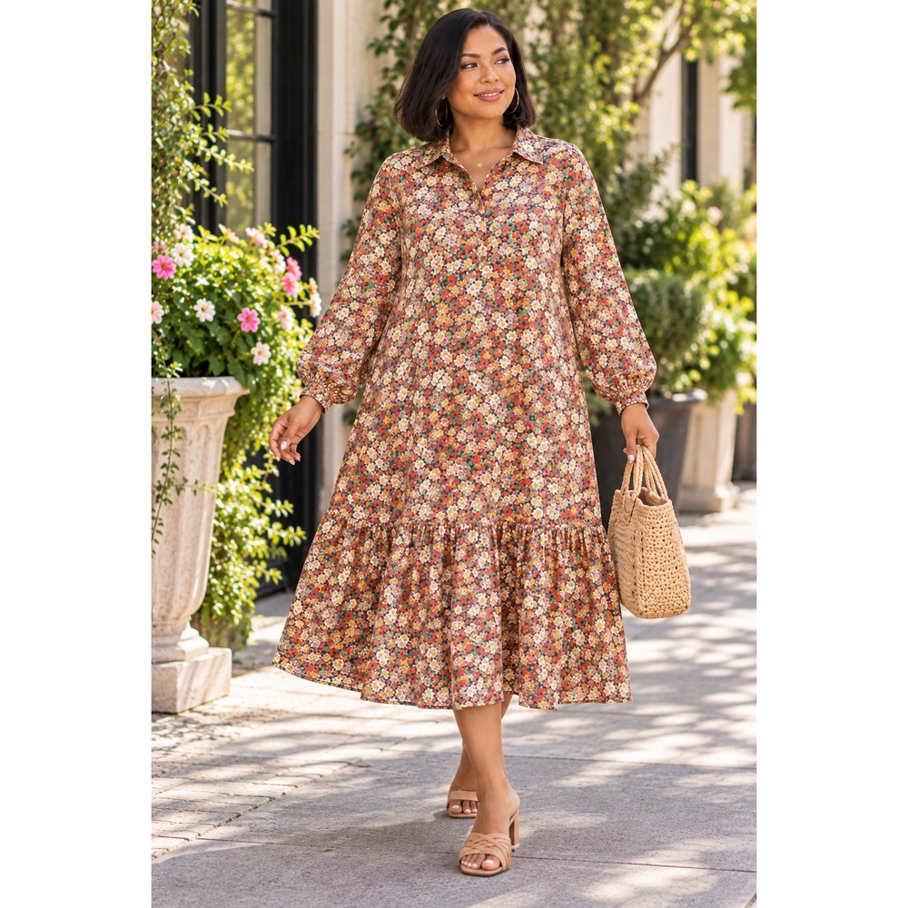H&M Womans XL Shirt Dress Ditsy Floral Long Sleeve Relaxed Fit Prairie Modest